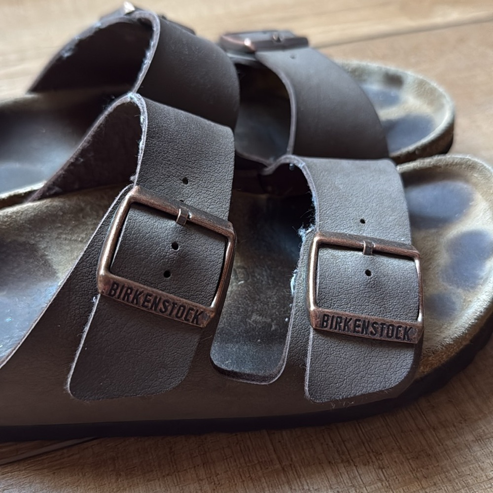 Birkenstock Tan Sandals with Rose Gold Buckles Size 38